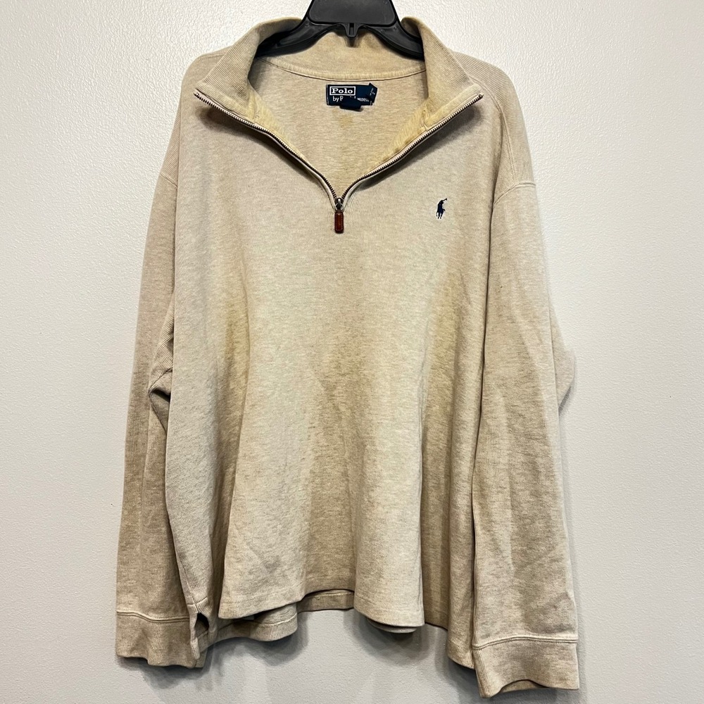 Polo Ralph Lauren Mens XXL Tan Beige 1/4 Zip Cotton Pullover Sweater Pony Logo